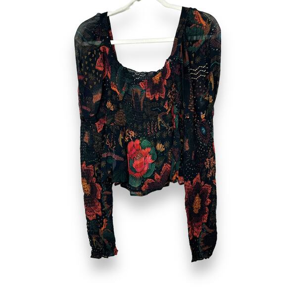 FARM Rio NWT Black River Creatures Smocked Floral Chiffon Sheer Blouse XS - Picture 6 of 10